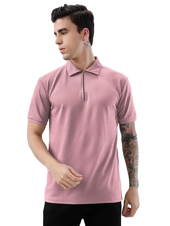 KAJARU Men's Polyster Blend Regular Fit T-Shirt with Half Sleeve Chain Polo Collar V-Neck Standard Length and Classic Style