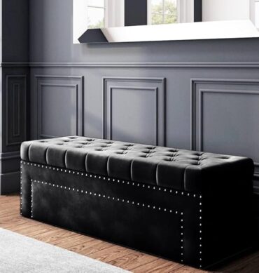 Roman Velvet Upholstered Ottoman Ripit with Storage 2 Seater Sofa Storage Box Footstool Toy Chest Shoe Bench Seats and Bed End Storage (Black)