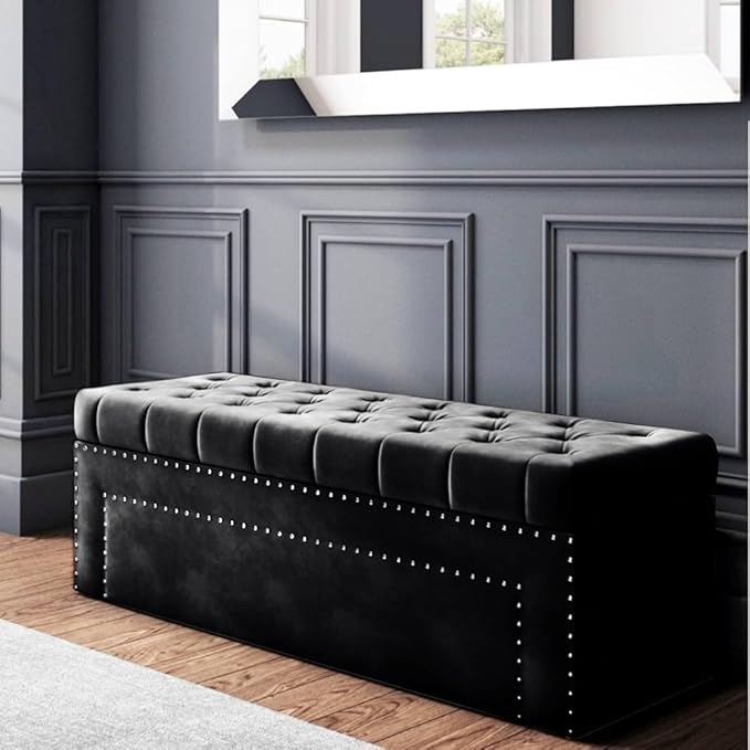 Roman Velvet Upholstered Ottoman Ripit with Storage 2 Seater Sofa Storage Box Footstool Toy Chest Shoe Bench Seats and Bed End Storage (Black)