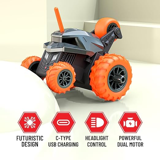 Mirana Warrior 360 Degree Rotating Stunt RC Car Toy for Kids | High Speed Steering Remote Control Vehicle | USB Type-C Rechargeable for Boys and Girls | Made in India (Grey-Orange) - Image 3