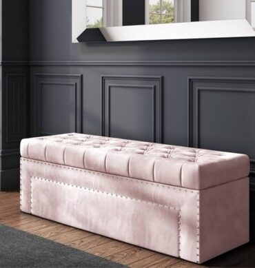 Roman Velvet Upholstered Ottoman Ripit with Storage 2 Seater Sofa Storage Box Footstool Toy Chest Shoe Bench Seats and Bed End Storage (Baby Pink)