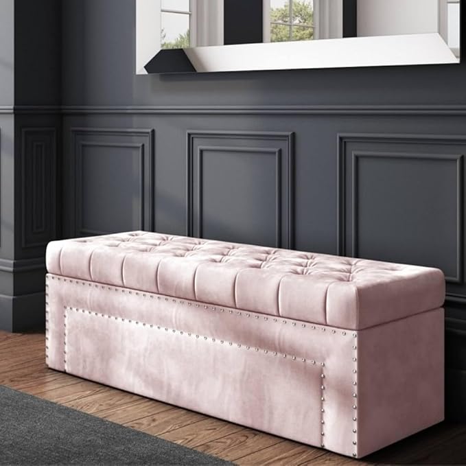 Roman Velvet Upholstered Ottoman Ripit with Storage 2 Seater Sofa Storage Box Footstool Toy Chest Shoe Bench Seats and Bed End Storage (Baby Pink)