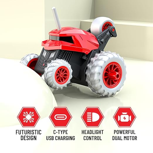 Mirana Warrior 360 Degree Rotating Stunt RC Car Toy for Kids | High Speed Steering Remote Control Vehicle | USB Type-C Rechargeable for Boys and Girls | Made in India (Red) - Image 3