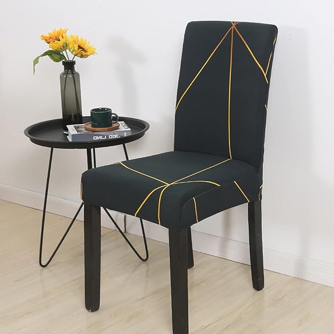 House of Quirk Elastic Chair Cover Stretch Removable Washable Short Dining Chair Cover Protector Seat Slipcover - (Green/Gold Prism) (Pack of 6, Polyester, Printed) - Image 2