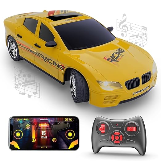 Mirana Tracer Remote & App Controlled Car Toy for Kids | USB Type-C Rechargeable High Speed Drift RC Vehicle | 1.5X Nitro Boost with in-Built Bluetooth Speakers for Boys & Girls (Yellow)