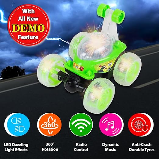 Gooyo 9802 Rechargeable 5 Functions 360? Rotating & Rolling Big Stunt Car Toy with USB Cable & Remote Controller with Demo Feature | Green Color, Power Source: Lithium Battery in Car (Included) - Image 3
