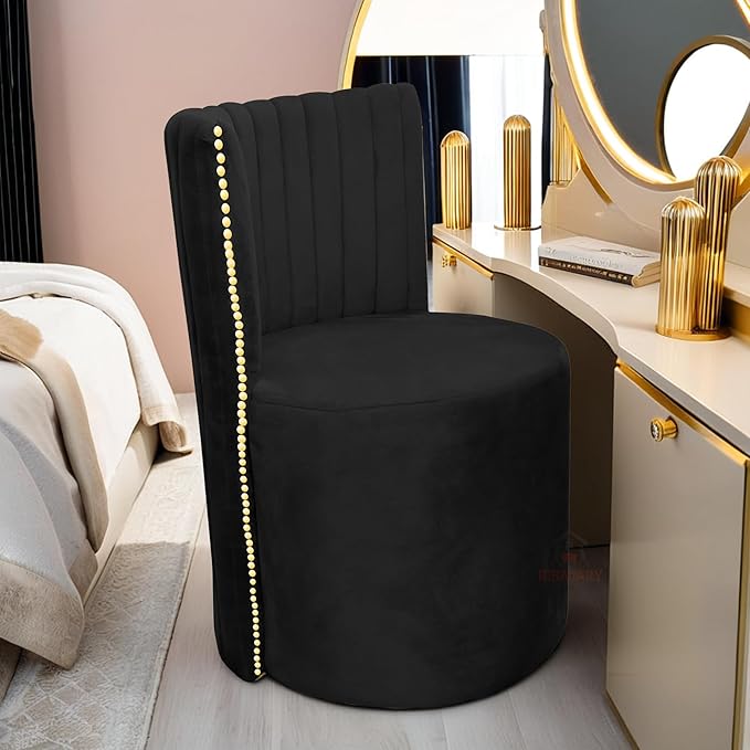 Luxury Velvet Ottoman Chair Pouffe Stool?Modern Round Soft-Padded Chair for Dining Room, Living Room/Cafeteria Seating/Bedroom and Dressing Area/Ottoman with Backrest (Black) - Image 2