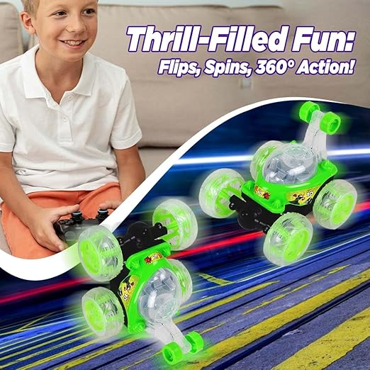 Gooyo 9802 Rechargeable 5 Functions 360? Rotating & Rolling Big Stunt Car Toy with USB Cable & Remote Controller with Demo Feature | Green Color, Power Source: Lithium Battery in Car (Included) - Image 4
