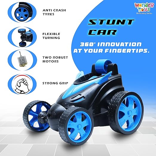 Wonder Toys 360? Stunt, Flip, Rotating & Rolling RC Car for Kids ? Rechargeable RC Car with Dual Motors, Flexible Turning & Anti-Crash Tyres | Remote Control Toy with USB Charger | Blue Edition - Image 4