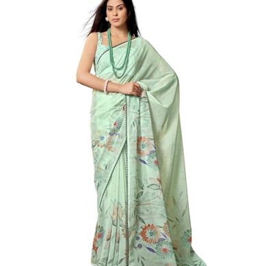 Garden Vareli Floral Printed Slub Taspa Saree With Unstitched Blouse Piece