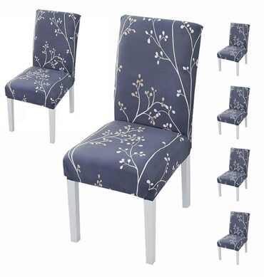 House of Quirk Elastic Chair Cover Stretch Removable Washable Short Dining Chair Cover Protector Seat Slipcover - (Midnight Branch) (Pack of 6, Polyester, Printed)