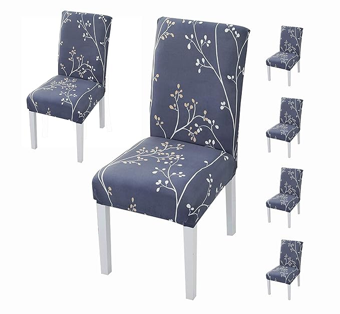 House of Quirk Elastic Chair Cover Stretch Removable Washable Short Dining Chair Cover Protector Seat Slipcover - (Midnight Branch) (Pack of 6, Polyester, Printed)