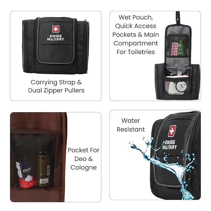Swiss Military Unisex 5L Water-Resistant Toiletry Bag for Travel with Multiple Compartments, Quick Access Pocket, Durable Zippers, Organizer for Toiletries, Makeup and Essentials Pouch-Black - Image 2