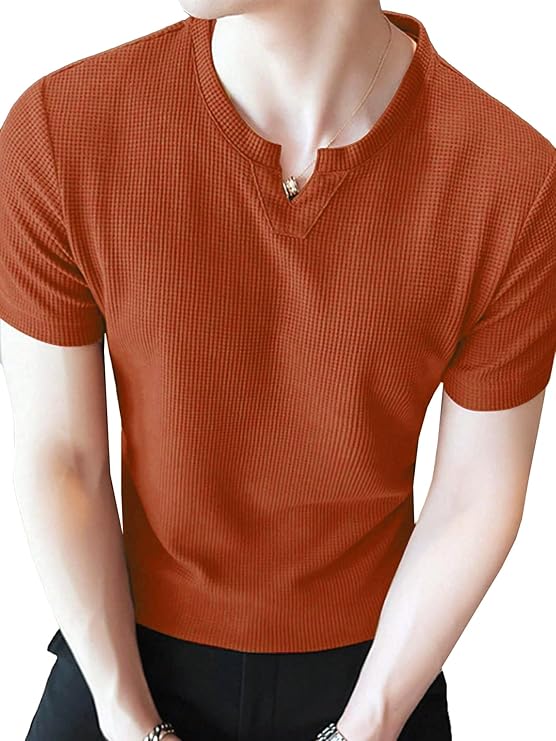Men's Waffle Knitted V Neck|T Shirt for Man|Waffle|Cotton|Casual| Regular Fit Tees - Image 2