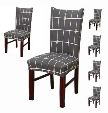 House of Quirk Elastic Chair Cover Stretch Removable Washable Short Dining Chair Cover Protector Seat Slipcover - (Grey Check) (Pack of 6, Polyester, Printed)