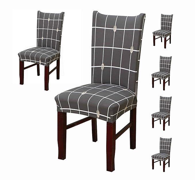 House of Quirk Elastic Chair Cover Stretch Removable Washable Short Dining Chair Cover Protector Seat Slipcover - (Grey Check) (Pack of 6, Polyester, Printed)