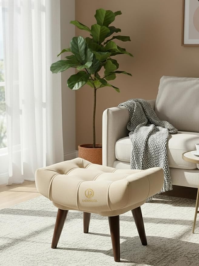 Soft Fabric Comfortable Cushion Ottoman Footrest Stool for Living Room (Cream)