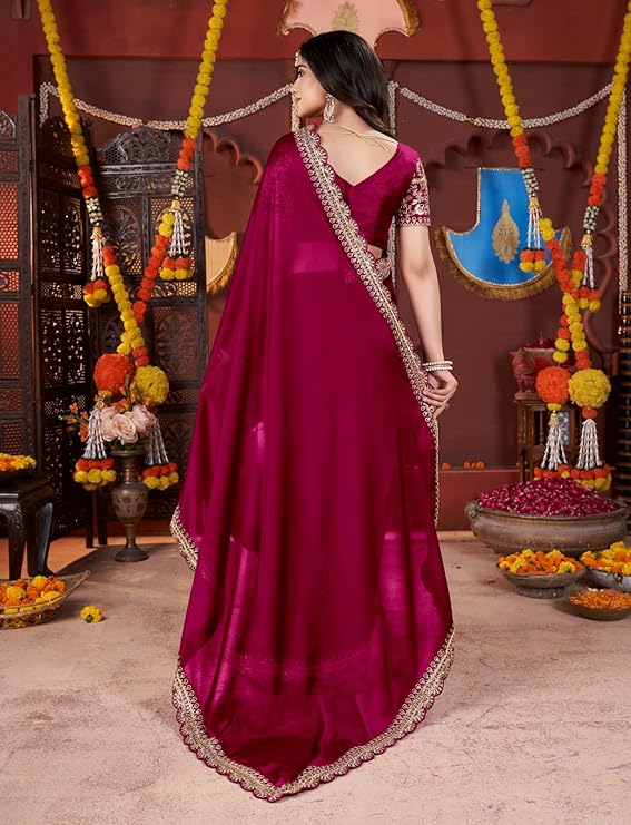 Women's Silk Saree with Embroidered Blouse Piece, Traditional Party Wear with Gold Border and Hand Work Lace - Image 3