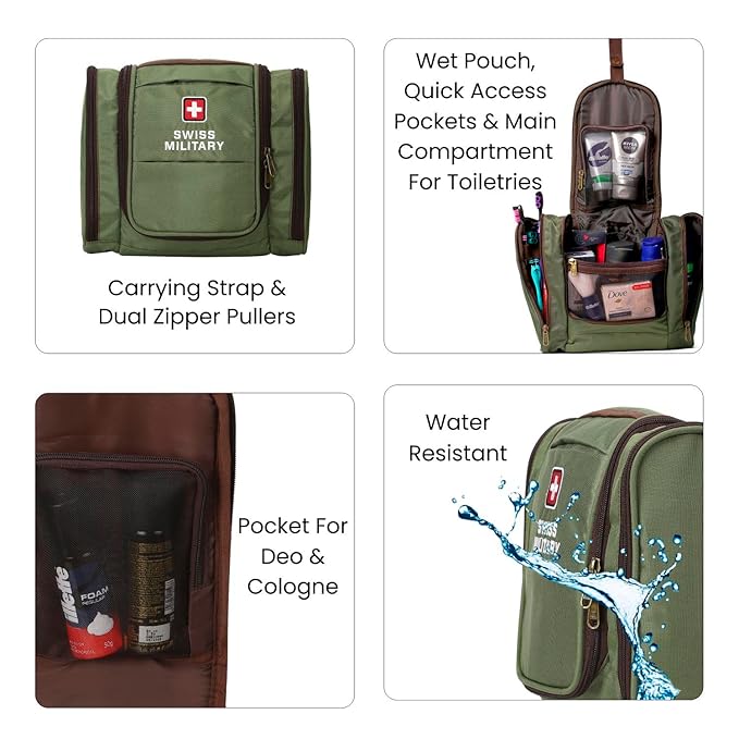 Swiss Military Unisex 5L Water-Resistant Toiletry Bag for Travel with Multiple Compartments, Quick Access Pocket, Durable Zippers, Organizer for Toiletries, Makeup and Essentials Pouch-Green - Image 4