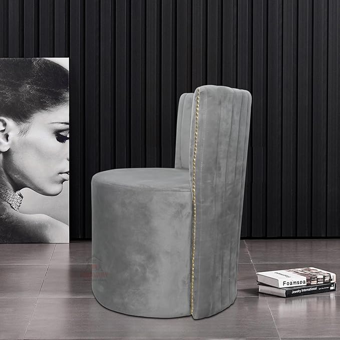 Luxury Velvet Ottoman Chair Pouffe Stool?Modern Round Soft-Padded Chair for Dining Room, Living Room/Cafeteria Seating/Bedroom and Dressing Area/Ottoman with Backrest (Grey) - Image 3