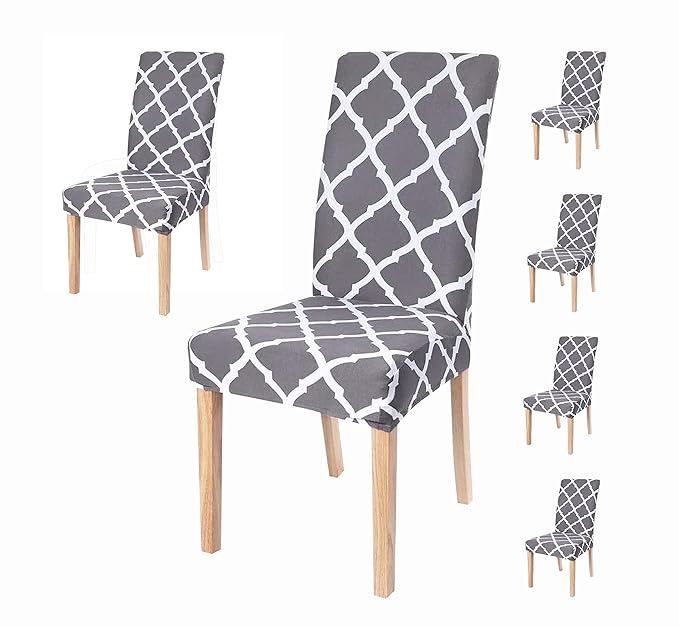 House of Quirk Elastic Chair Cover Stretch Removable Washable Short Dining Chair Cover Protector Seat Slipcover - (Grey Diamond) (Pack of 6, Polyester, Printed)