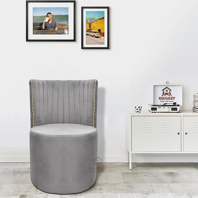 Luxury Velvet Ottoman Chair Pouffe Stool?Modern Round Soft-Padded Chair for Dining Room, Living Room/Cafeteria Seating/Bedroom and Dressing Area/Ottoman with Backrest (Grey) - Image 2
