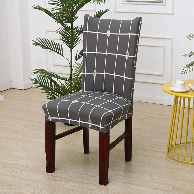 House of Quirk Elastic Chair Cover Stretch Removable Washable Short Dining Chair Cover Protector Seat Slipcover - (Grey Check) (Pack of 6, Polyester, Printed) - Image 3