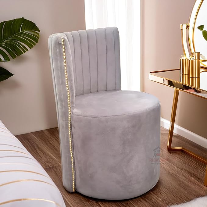 Luxury Velvet Ottoman Chair Pouffe Stool?Modern Round Soft-Padded Chair for Dining Room, Living Room/Cafeteria Seating/Bedroom and Dressing Area/Ottoman with Backrest (Grey)