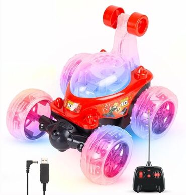 Gooyo 9802 Rechargeable 5 Functions 360? Rotating & Rolling Big Stunt Car Toy with USB Cable & Remote Controller with Demo Feature | Red Color, Power Source: Lithium Battery in Car (Included)