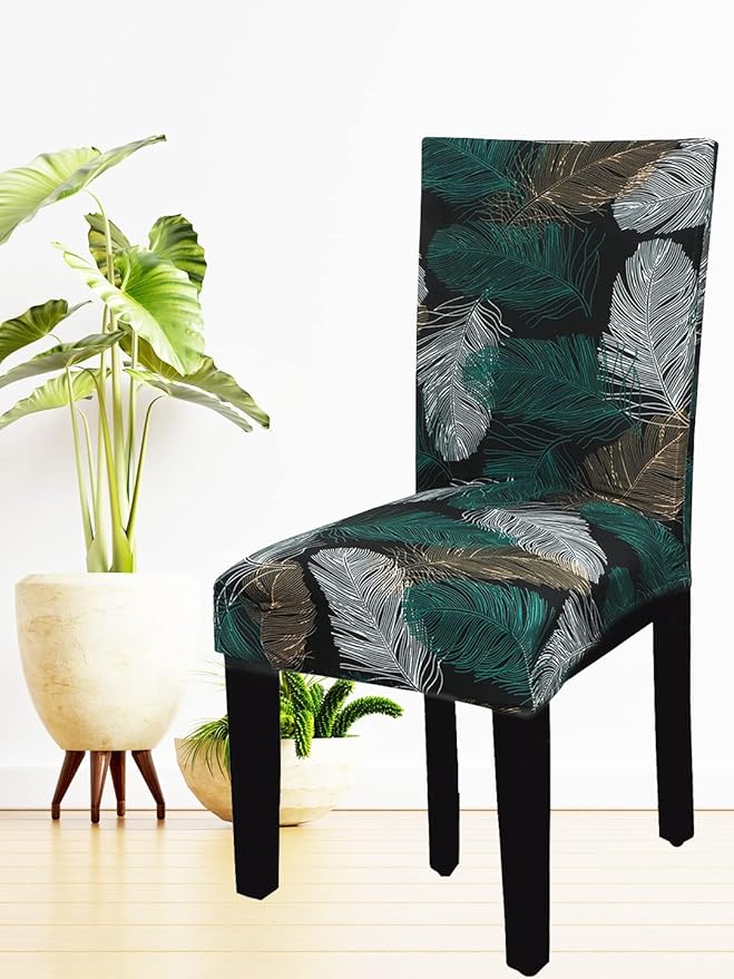 House of Quirk Elastic Chair Cover Stretch Removable Washable Short Dining Chair Cover Protector Seat Slipcover - (Green Fern) (Pack of 6, Polyester, Printed) - Image 2