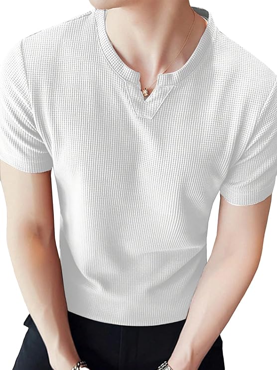 Men's Waffle Knitted V Neck|T Shirt for Man|Waffle|Cotton|Casual| Regular Fit Tees - Image 2
