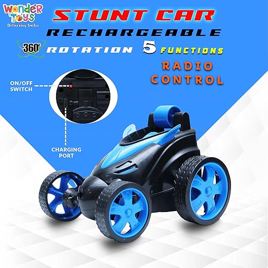 Wonder Toys 360? Stunt, Flip, Rotating & Rolling RC Car for Kids ? Rechargeable RC Car with Dual Motors, Flexible Turning & Anti-Crash Tyres | Remote Control Toy with USB Charger | Blue Edition - Image 2