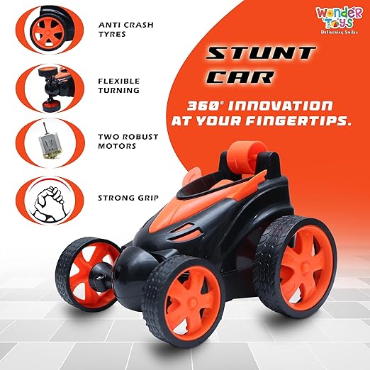 Wonder Toys 360? Stunt, Flip, Rotating & Rolling RC Car for Kids ? Rechargeable RC Car with Dual Motors, Flexible Turning & Anti-Crash Tyres | Remote Control Toy with USB Charger | Orange Edition - Image 2