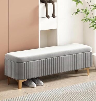 Qwen Velvet Upholstered Flip Top Storage Bench 2 Seater Sofa Upholstered Ottoman Bench with Storage for Living Room, Bedroom (Grey)