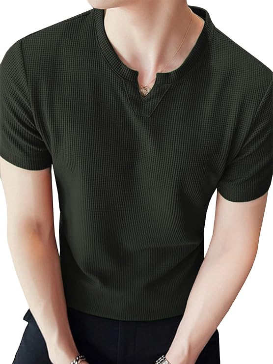 Men's Waffle Knitted V Neck|T Shirt for Man|Waffle|Cotton|Casual| Regular Fit Tees