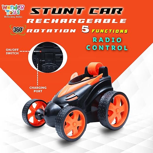 Wonder Toys 360? Stunt, Flip, Rotating & Rolling RC Car for Kids ? Rechargeable RC Car with Dual Motors, Flexible Turning & Anti-Crash Tyres | Remote Control Toy with USB Charger | Orange Edition - Image 3