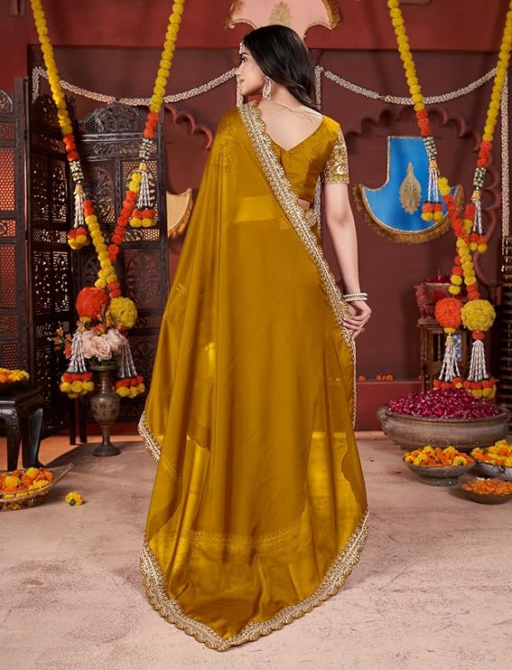 Women's Silk Saree with Embroidered Blouse Piece, Traditional Party Wear with Gold Border and Hand Work Lace - Image 2