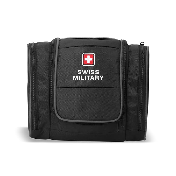 Swiss Military Unisex 5L Water-Resistant Toiletry Bag for Travel with Multiple Compartments, Quick Access Pocket, Durable Zippers, Organizer for Toiletries, Makeup and Essentials Pouch-Black