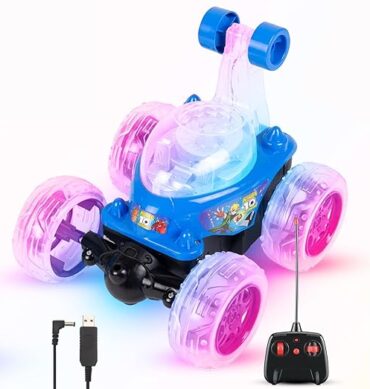 Gooyo 9802 Rechargeable 5 Functions 360? Rotating & Rolling Big Stunt Car Toy with USB Cable & Remote Controller with Demo Feature | Blue Color, Power Source: Lithium Battery in Car (Included)