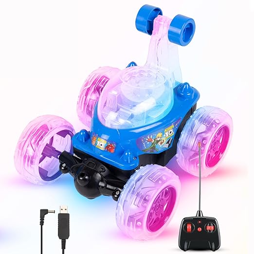 Gooyo 9802 Rechargeable 5 Functions 360? Rotating & Rolling Big Stunt Car Toy with USB Cable & Remote Controller with Demo Feature | Blue Color, Power Source: Lithium Battery in Car (Included)