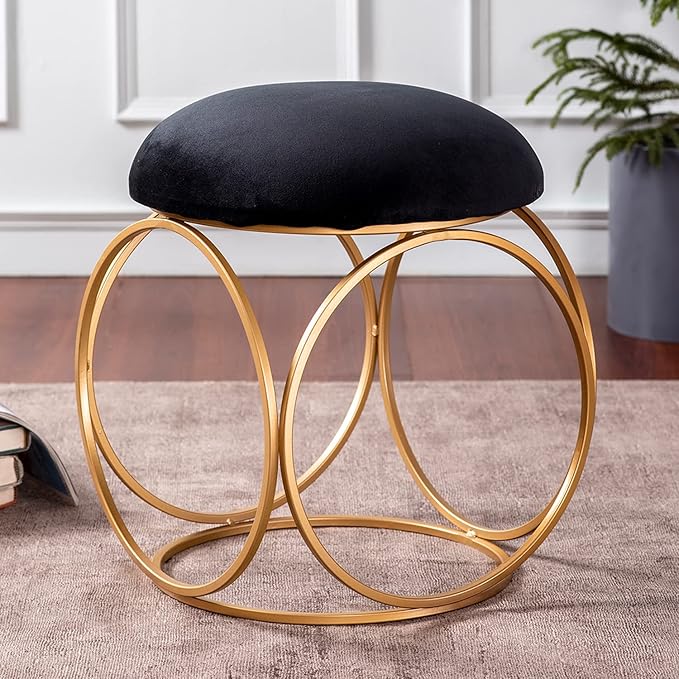 nestroots Ottoman Stool for Living Room - Metallic Stools for Sitting, Bedroom Pouffes, Side Table | 18 Inch Height, Black Ring Design | Stylish & Durable Footrest Stool for Home