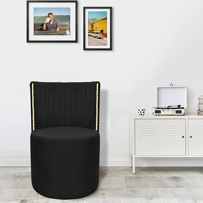 Luxury Velvet Ottoman Chair Pouffe Stool?Modern Round Soft-Padded Chair for Dining Room, Living Room/Cafeteria Seating/Bedroom and Dressing Area/Ottoman with Backrest (Black) - Image 3