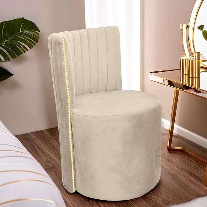 Luxury Velvet Ottoman Chair Pouffe Stool?Modern Round Soft-Padded Chair for Dining Room, Living Room/Cafeteria Seating/Bedroom and Dressing Area/Ottoman with Backrest (Cream) - Image 2
