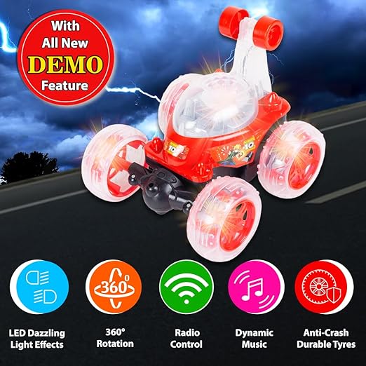 Gooyo 9802 Rechargeable 5 Functions 360? Rotating & Rolling Big Stunt Car Toy with USB Cable & Remote Controller with Demo Feature | Red Color, Power Source: Lithium Battery in Car (Included) - Image 3