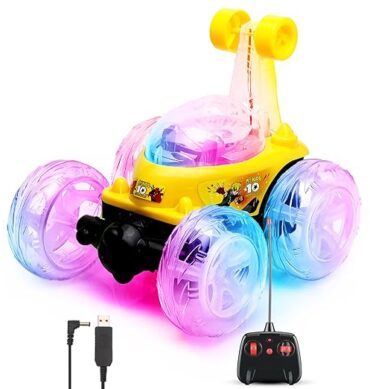 Gooyo 9802 Rechargeable 5 Functions 360? Rotating & Rolling Big Stunt Car Toy with USB Cable & Remote Controller with Demo Feature | Yellow Color, Power Source: Lithium Battery in Car (Included)