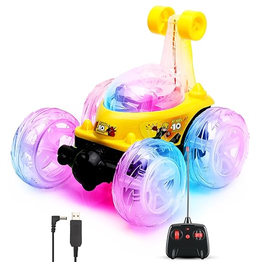 Gooyo 9802 Rechargeable 5 Functions 360? Rotating & Rolling Big Stunt Car Toy with USB Cable & Remote Controller with Demo Feature | Yellow Color, Power Source: Lithium Battery in Car (Included)