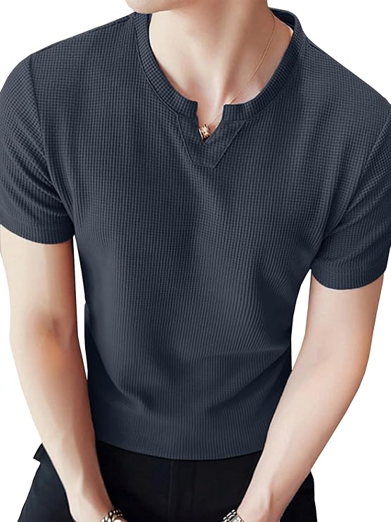 Men's Waffle Knitted V Neck|T Shirt for Man|Waffle|Cotton|Casual| Regular Fit Tees