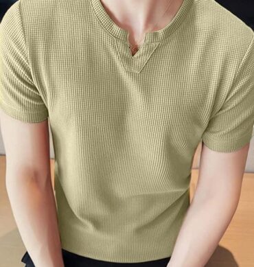 Men's Waffle Knitted V Neck|T Shirt for Man|Waffle|Cotton|Casual| Regular Fit Tees