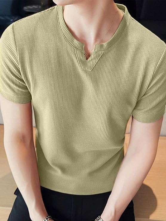 Men's Waffle Knitted V Neck|T Shirt for Man|Waffle|Cotton|Casual| Regular Fit Tees