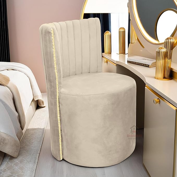 Luxury Velvet Ottoman Chair Pouffe Stool?Modern Round Soft-Padded Chair for Dining Room, Living Room/Cafeteria Seating/Bedroom and Dressing Area/Ottoman with Backrest (Cream)